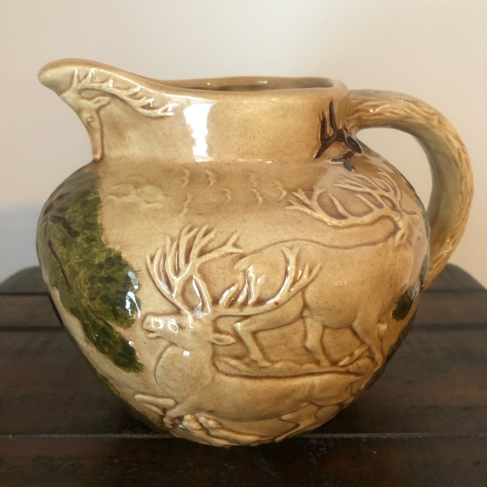 Hand painted Elk Hunting Pitcher from 1976.  Excellent Condition